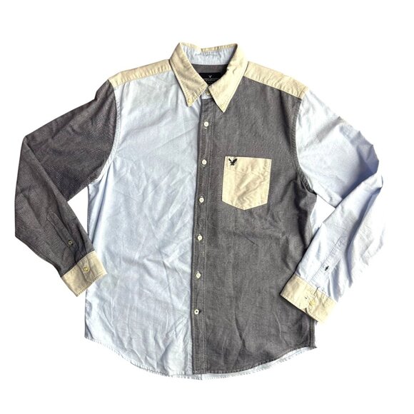 American Eagle Vintage‎ Y2K Patchwork Denim Button Up Shirt Mens Classic Fit L - Picture 3 of 7